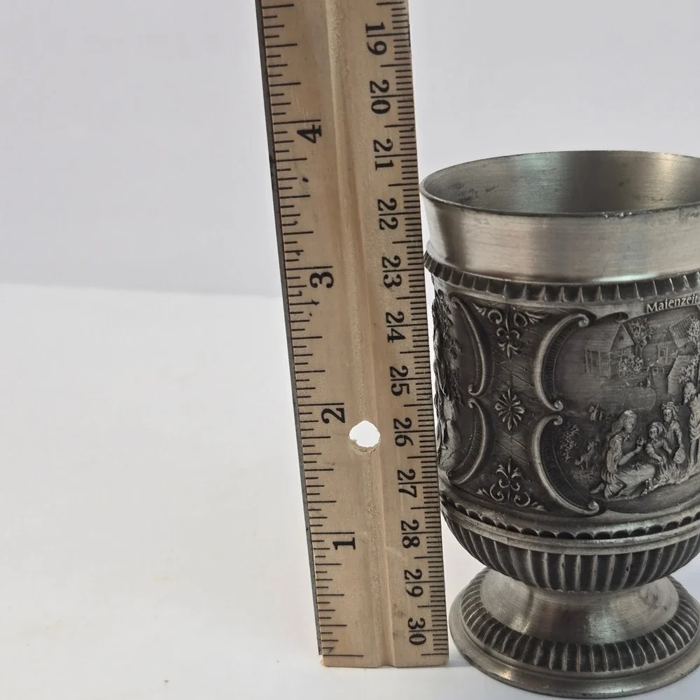 SKS Zinn 95% Pewter Cup Vintage German Relief Scenes Maienzeit Wanderschaft 4